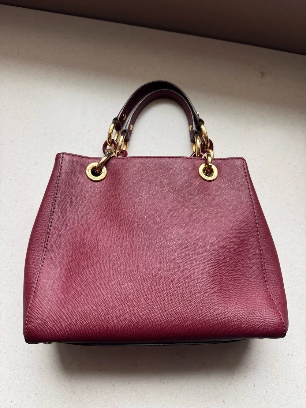 Michael Kors Wine Saffiano Leather Satchel with Gold Hardware